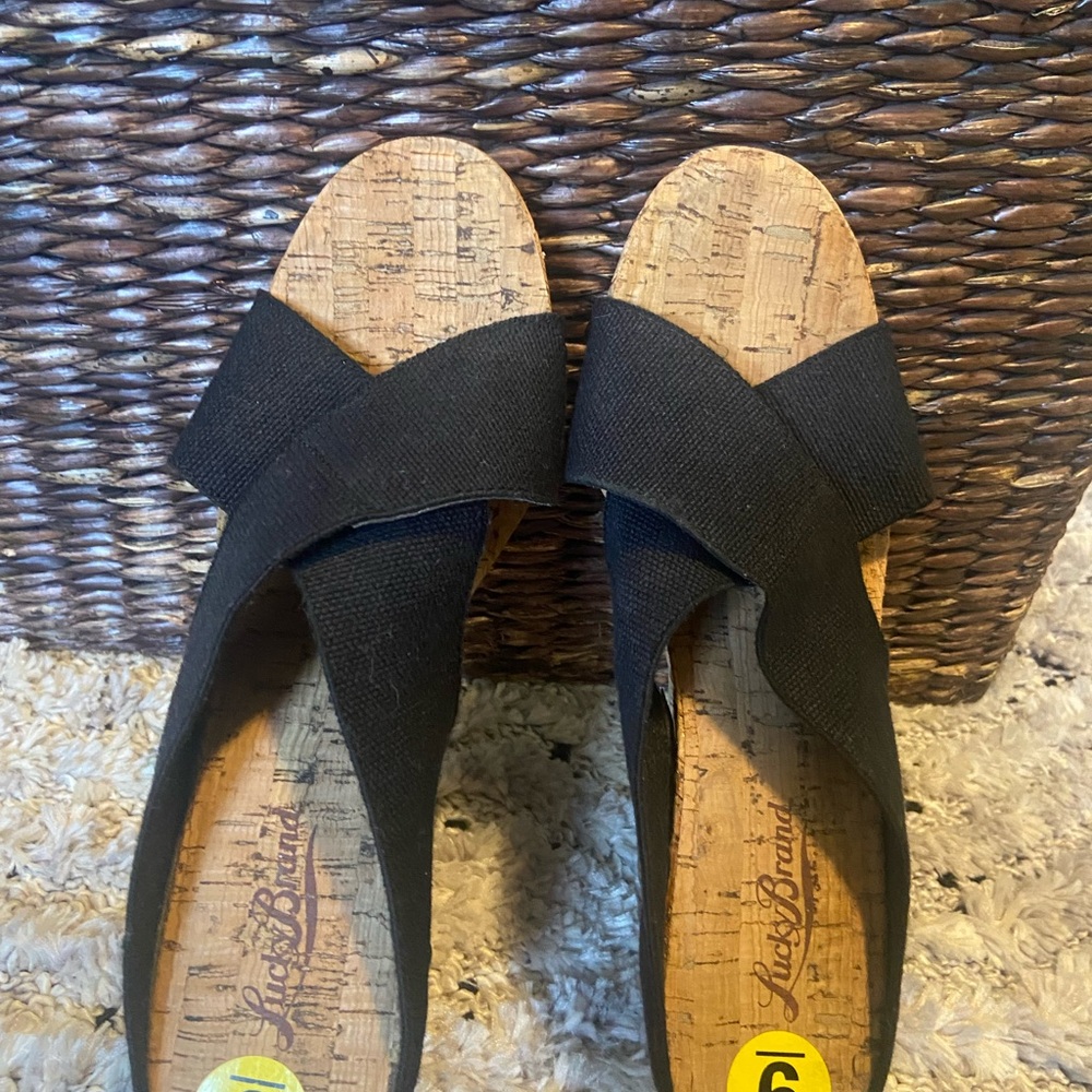 Lucky Brand Black Cork Wedge Sandals NWT